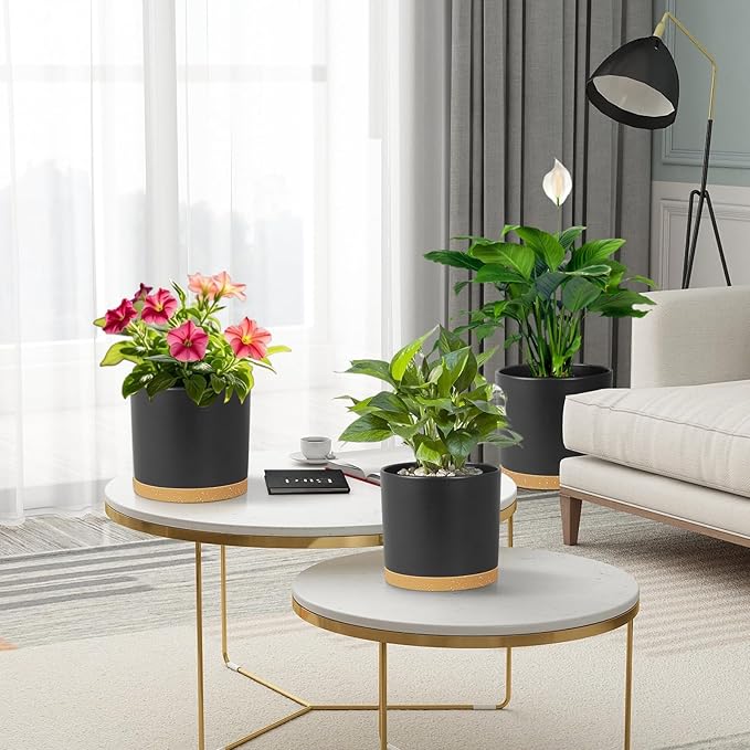 8/7/6 inch Flower Pots, 3 Pack Cylinder Plant Pots for Outdoor Indoor Plants, Decorative Plastic Planters with Drainage Holes and Saucers for Garden House Plants, Black with Brown Meowell