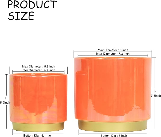 Gepege Peach Indoor Plant Pots for Plants, Ceramic Planter with Drainage Hole, 7.6 Inch +6 Inch 2pcs Succulent Orchid Flower Pot - Rainbow Pearl Glaze Gepege