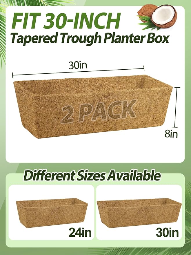30in Tapered Coco Liners for Window Planter Box - 2 Pack 100% Natural Coconut Coir Fiber Liner Replacement for Deck Flower Box, Garden Railing Fence Wall Planter Basket ANPHSIN