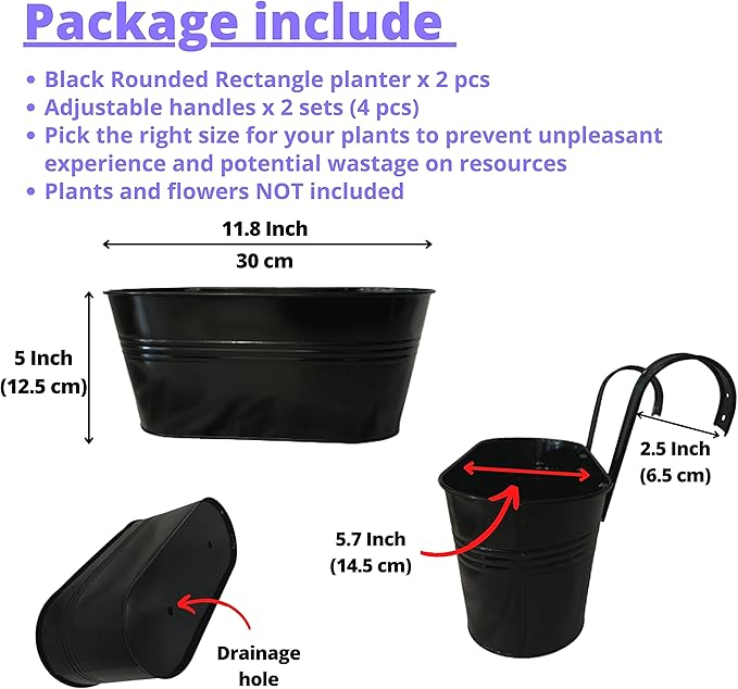 LaLaGreen Rail Planter Outdoor Plants (11.8 Inch, 2 Pack) Black Metal Iron Fence Hanging Flower Pots Deck Railings Buckets Countryside Boho Style Wall Mount Window Box Plant Holder Hooks Porch Decor L%C3%A1L%C3%A1Green