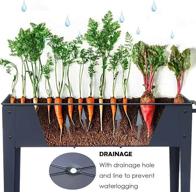 Piksedo Raised Garden Bed, Elevated Planter Metal Plant Box with Legs Standing Garden Stand Drainage Holes Frosted Black VEOAY