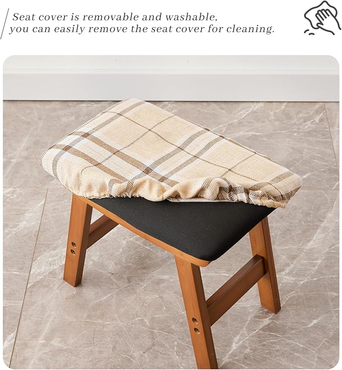 Foot Stool,Ottoman,Bamboo Small Sofa Foot Rest Under Desk,Extra Seating for Living Room, Bedroom and Kitchen (Brown Stool Legs - Stripes Surface) Kitsanery