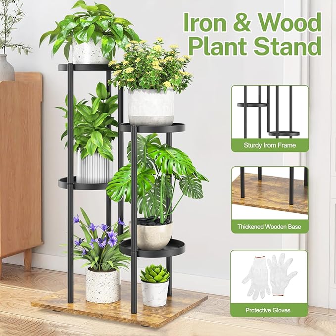 iDavosic.ly 4 Tier Plant Stand Indoor Outdoor, Tiered Corner Multiple Flower Pot Holder Shelf, Metal 30 Inch Tall Display Rack for Patio Porch Living Room Garden Balcony, Modern Black & Rustic Brown iDavosicly