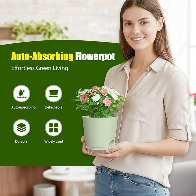 Plant Pots 6 Inch Self Watering Pots,6 Pack Plastic Planters with Drainage Holes and Clear Saucers,Plastic Flower Pots,Nursery Planting Pot for Indoor Out Door Plants (Green) SQKH