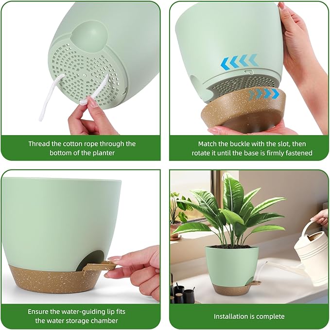 Plant Pots 8/7.5/7/6.5/6 Inch Self Watering Pots,5 Pack Planters with Drainage Holes and Saucers,Plastic Flower Pots,Nursery Planters for Indoor Outdoor Plants (Green) Rootora