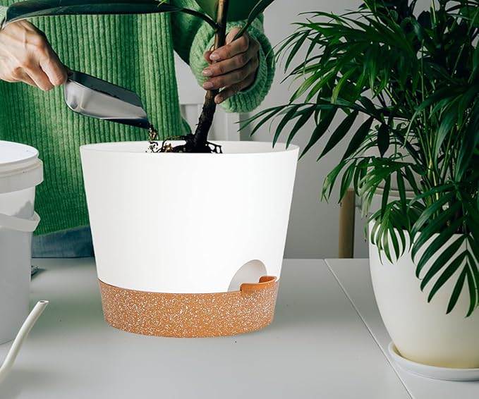 12+12Inch 2Pack Large Flower Pots for Indoor/Outdoor Plants,Self Watering Planters with Reservoir and Drainage Hole White Plastic Planting Pots Modern Home Decor Gift Idea SESUN-E