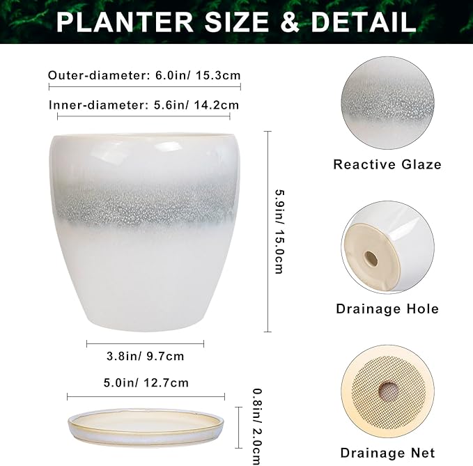 Ceramic Plant Pot - 6 Inch Ceramic Pots for Indoor Outdoor Plants, Decorative Planter with Drainage Hole and Saucer, Modern Plant Pots, Bedroom Room Decor, Plant Lover Gifts, White-Grey EPFamily