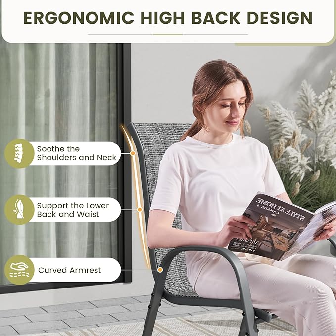 UDPATIO Patio Chairs Set of 4, Stackable Outdoor Dining Chairs with High Back, Textilene Fabric Breathable Outdoor Chair All Weather, 350LBS Capacity for Garden, Backyard (Dark Grey) UDPATIO
