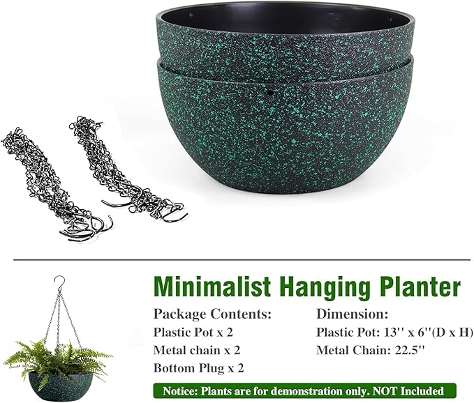 13inch Large Hanging Planters Pots for Outdoor Indoor Plants with Drainage Holes and Chain, 2pack Round Hanging Flower Pots for Garden Home Porch Decor, Black with Green Speckles WSMKSZ