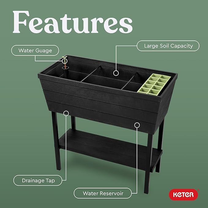 Keter Urban Bloomer 12.7‑Gallon Raised Garden Bed – Elevated Outdoor Planter Box with Self‑Watering Reservoir, Water Gauge & Drainage System, Perfect for Herbs & Vegetables, Dark Grey Keter