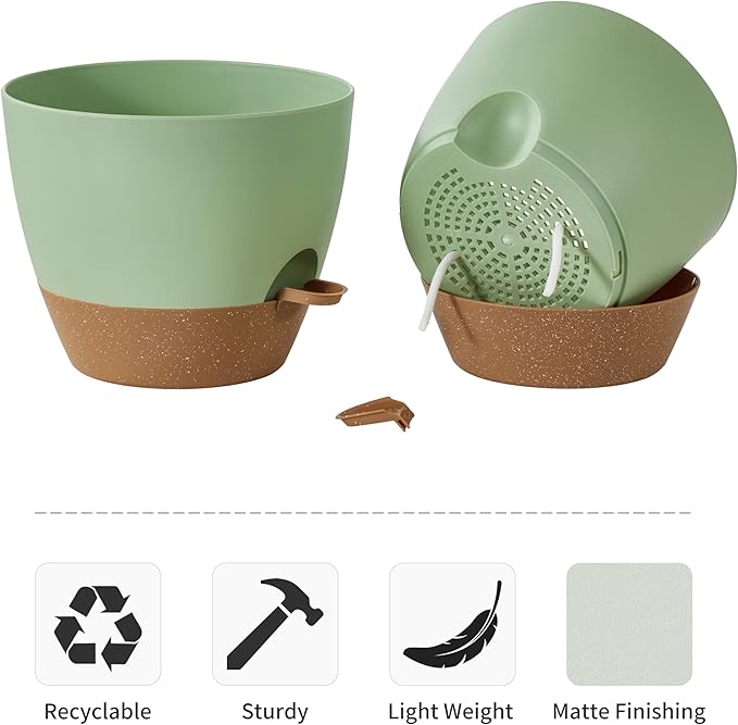 FaithLand 3-Pack Large Planter Pots, 12 10 9 Inch Self Watering Flower Pots for Indoor Outdoor Garden Plants, Green with Brown FaithLand