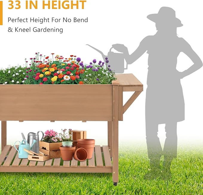 Raised Garden Bed with Lockable Wheels Mobile Elevated Wood Planter,Storage Shelf, Protective Liner,55.5x24x32in (Brown) Ketive