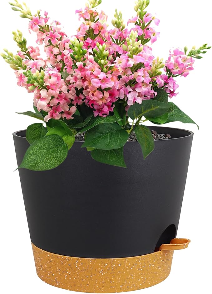 12 inch Large Self Watering Pots, Plant Pots with Mesh Drainage Holes for Indoor Outdoor Plants, Plastic Planters with Deep Reservoir for Garden House Flower Plants, Black with Brown Meowell