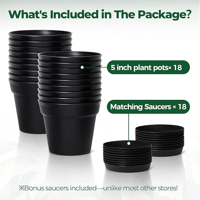 T4U Flower Pots 18-Pack, 5 Inch Plant Pot with Saucer and Drainage Hole, Durable Plastic Flower Pots, Small Pots for Plants, Violet, Succulent and Indoor Plant Decorative (18 Pack 5" Pot, Black) T4U