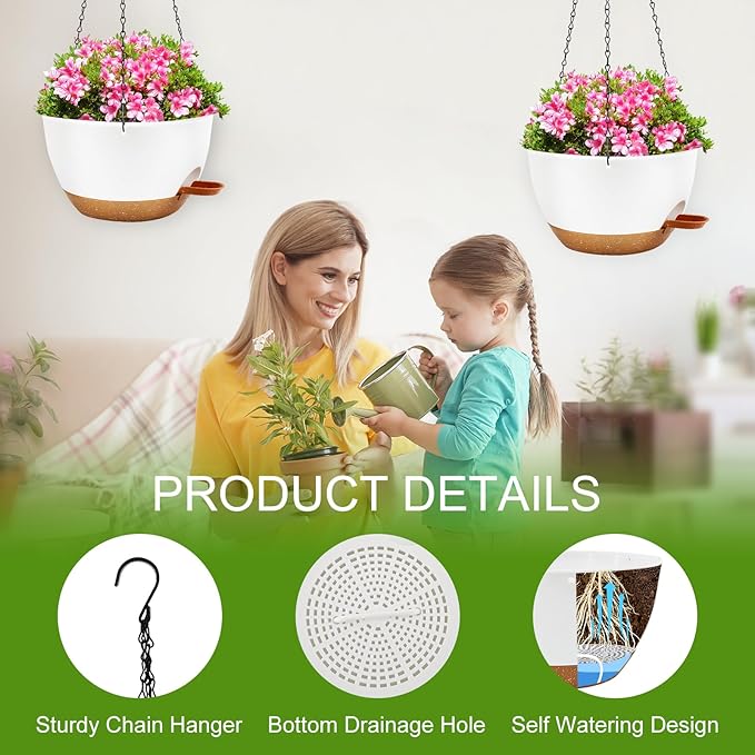 10 inch Hanging Planters for Indoor Plants, 3 Pack Self-Watering Hanging Planter Pots with Chain and Drainage Holes, Outdoor Hanging Baskets for Garden Home Decor (White With Brown, 3pcs/10inch) Rootora