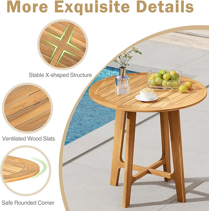 Tangkula 31.5" Round Patio Dining Table, Teak Wood Outdoor Dining Table with Slatted Tabletop, X-Shaped Frame & 4 Sturdy Supporting Legs, Indoor or Outside Table for Deck, Garden, Poolside & Backyard TANGKULA