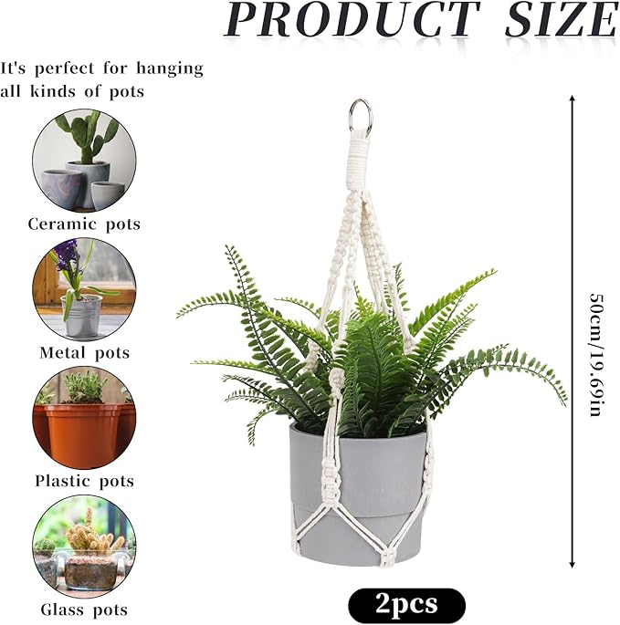 Macrame Plant Hanger, 2 Pack Boho Hanging Planters Baskets for Indoor Plants Decorative Braided Cotton Rope Flower Pot Holder with Metal Hook Rings for Outdoor Home Decor, No Tassels, Ivory, 20 Inchs Sliverdew