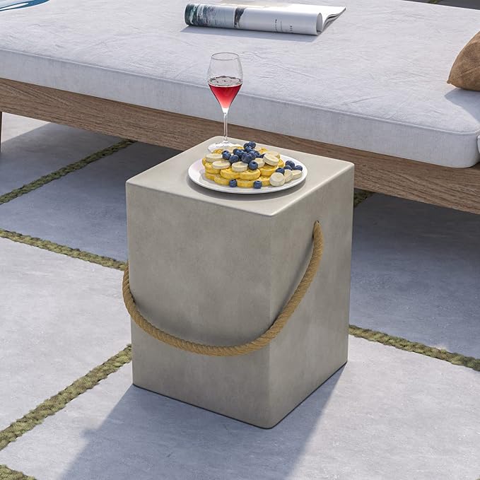 COSIEST Set of 2 Concrete Side Table, Rectangular Outdoor Side Table w Hemp Rope Handles,15''Patio Side Tables End Table, Outdoor Accent Side Table for Garden and Patio, Grey COSIEST