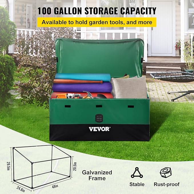 VEVOR Outdoor Storage Box, 100 Gallon Waterproof PE Tarpaulin Deck Box w/Galvanized Frame, All-Weather Protection & Portable, for Camping, Garden, Poolside, and Yard, Black & Green VEVOR