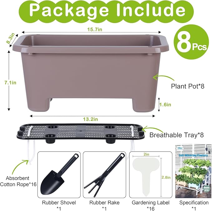 Self-Watering Rectangle Planter Boxes 8-Pack, 15.7-Inch Window Box Planter with Drainage Holes & Trays, Pots for Vegetables, Herbs, Flowers, Garden Windowsill Balcony (Coffee) Oliz