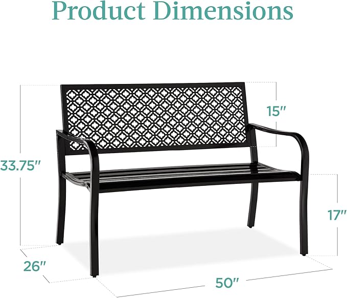 Best Choice Products Outdoor Bench 2-Person Metal Steel Benches Furniture for Garden, Patio, Porch, Entryway w/Geometric Backrest, 790lb Capacity – Black BestChoiceProducts