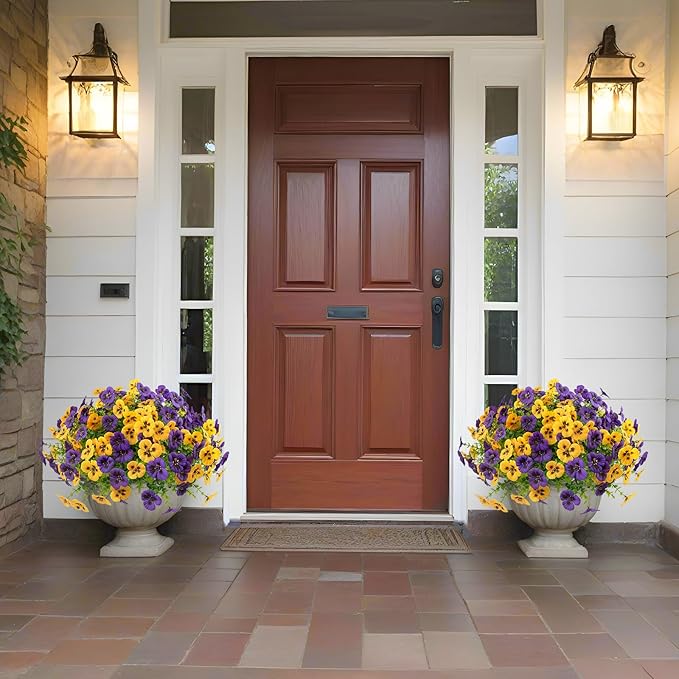 36 Pcs Artificial Fake Pansy Flowers for Outdoor, Faux UV Resistant Silk Pansies Flowers for Outside Planter Front Door Porch Yard Patio Window Box Home Decor (36, Yellow,Purple) RowfadFlora