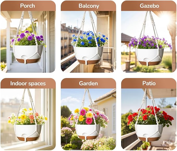 12 Inch Hanging Baskets for Plants Outdoor, Hanging Planters for Indoor Outdoor Plants, Hanging Planter with Self Watering, Hanging Flower Pots (White Planter with Macrame + Iron Hangers) LesOasis