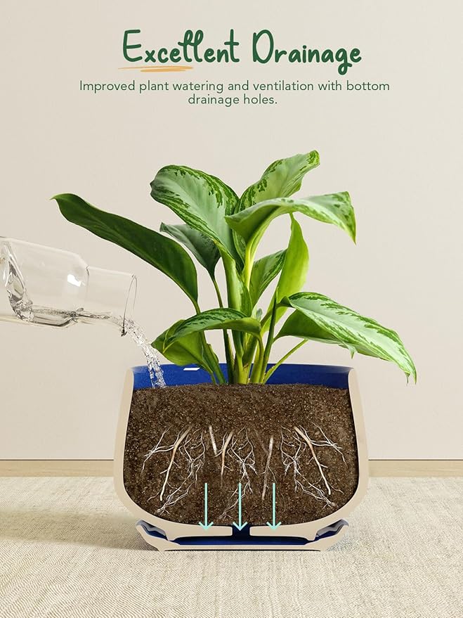 LE TAUCI Plant Pots, 4.1+5.1+6.5 inch, Set of 3, Ceramic Planters with Drainage Hole and Saucer, Indoor Flower Pot with Hole Mesh Pad, Gifts for Mom, Sapphire Blue LETAUCI
