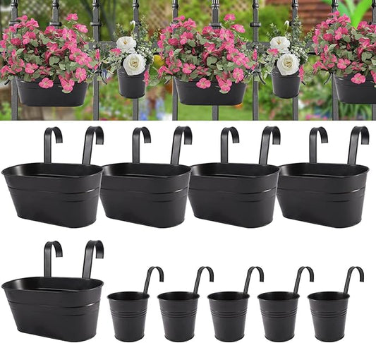 HowRU Metal Iron Flower Pots for Railing Fence Hanging Bucket Pots(5 Pcs) and Hanging Flower Pots Metal Iron Bucket Planter(10 Pcs) (Black) HowRU