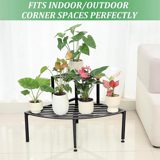 Corner Plant Stand Outdoor Metal,2 Tier Heavy Duty Ladder Plant Shelf Indoor for Multiple Plants,37.08" L x 22.83" W x 20.07" H,Black Dipion