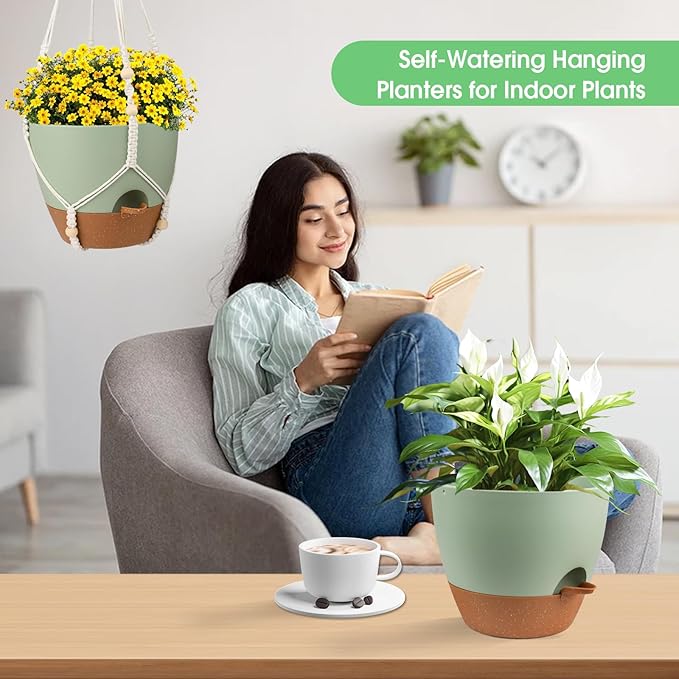 Hanging Planters for Indoor Outdoor Plants, 2 Pack Self Watering Hanging Pot with Drainage Holes, Removable Tray & 2 Kinds of Plant Hangers, 10'' Hanging Flower Pots for Home Garden Decor, Green Vanslogreen