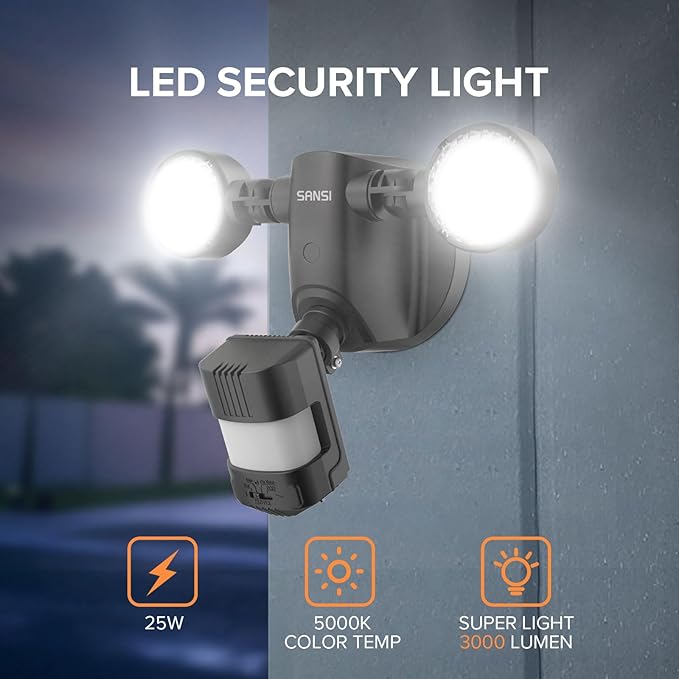SANSI 25W 3000LM Motion Sensor Outdoor Security Lights, 5000K Daylight, Dusk to Dawn, 320° Angle Eave Mount Security Lights Super Bright for Yard, IP65 Waterproof, ETL Listed, Black SANSI