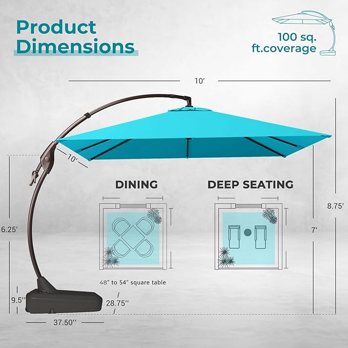 Grand patio Sunbrella 10x10 FT Cantilever Umbrella with Base Included Patio Square Aluminum Offset Umbrellas for Outdoor Pool (Aruba, 10X10 FT-SUNBRELLA) GrandPatio