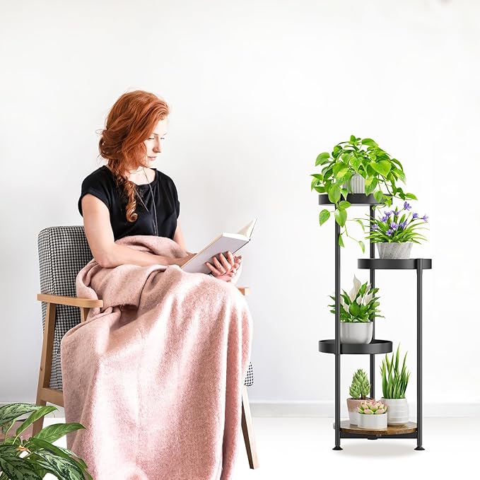 Plant Stand Indoor Outdoor Clearance, 4 Tier Metal Tall Flower Shelf Holder, Multiple Plant Round Corner Rack Organizer Display for Patio Orchid Office Porch Living Room Garden Balcony, Black Oppro