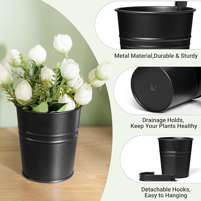 Dahey 5 Pcs Hanging Flower Pots 4 Inches Metal Iron Bucket Outdoor Planter for Railing Fence Balcony Garden Home Decoration Flower Holders with Detachable Hooks, Black Dahey