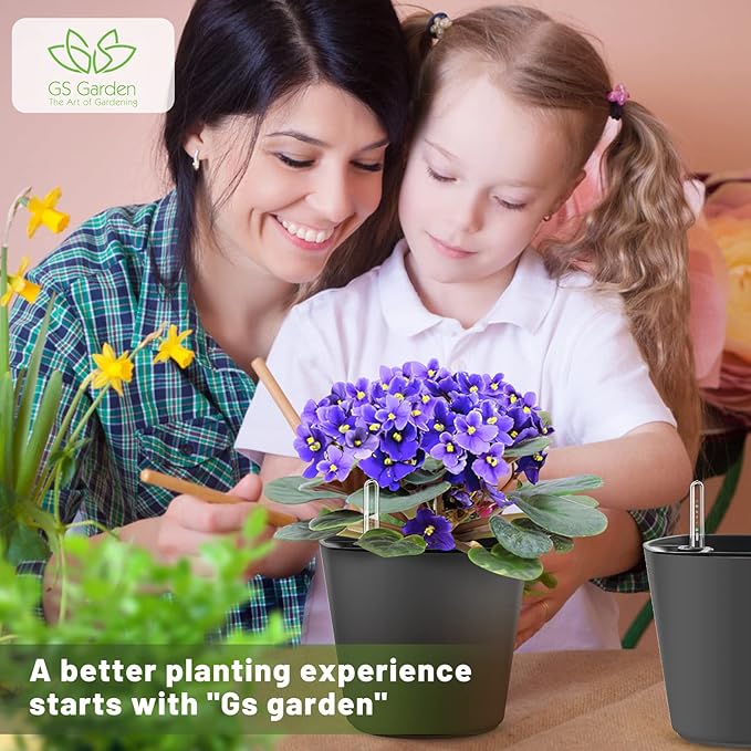 Self Watering Planters for Indoor Outdoor Plants 7 inch Flower Pot with Water Level Indicator Grey 6 Pack African Violet Self Watering Pots for All Orchid agave etc. House Plant Plastic Planter GsGardenSpecialty