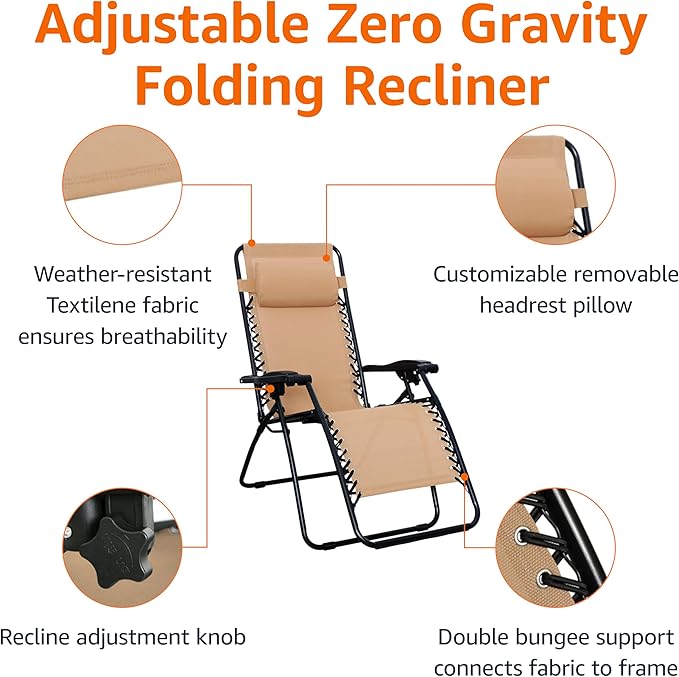 Amazon Basics Outdoor Patio Zero Gravity Folding Reclining Lounge Chair with Padded Headrest Pillow, Adjustable Lawn Chair for Outside, Weather-resistant Textilene, 26", Beige AmazonBasics