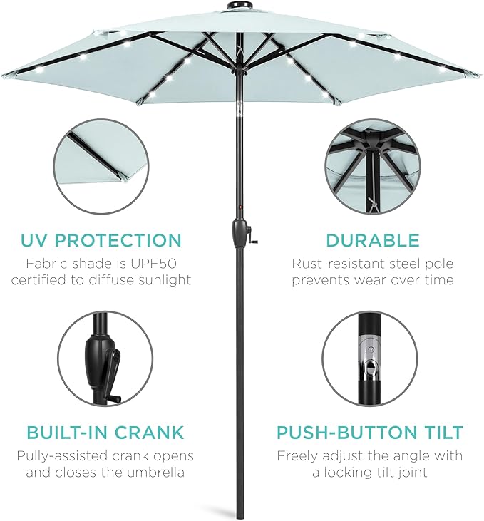Best Choice Products 7.5ft Outdoor Solar Market Table Patio Umbrella for Deck, Pool w/Tilt, Crank, LED Lights - Baby Blue BestChoiceProducts