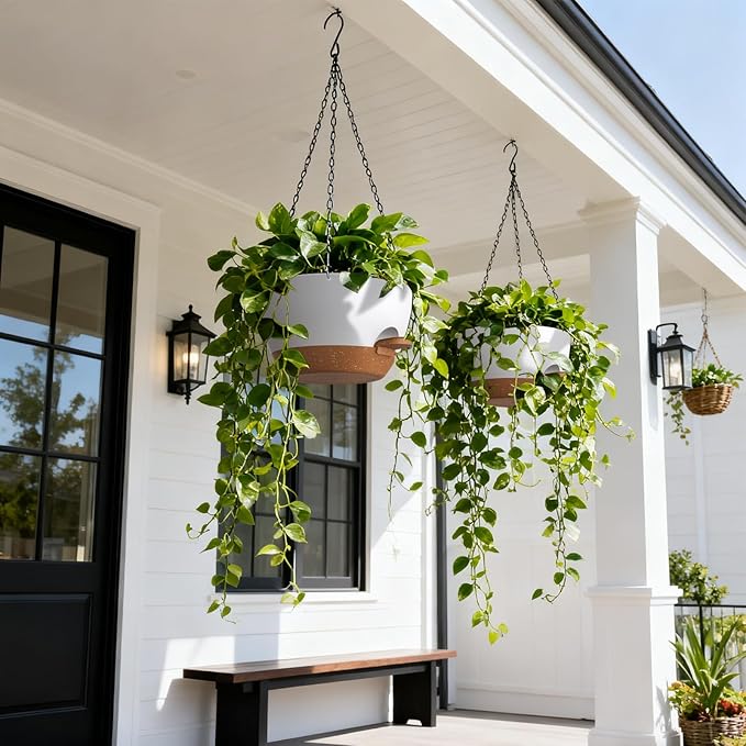 13 Inch 2 Pack Large Self Watering Hanging Planters for Indoor Outdoor Plants, Hanging Plant Pots with Removable 50 Oz Reservoir, Plastic Hanging Basket for Window Porch Garden, White with Brown UOUZ