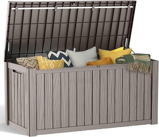 180 Gallon Resin Deck Box, Lockable Patio Outdoor Storage Box for Furniture, Garden Tools and Tools Storage, Waterproof Outside Storage Boxes - Grey OutdoorLivingPerfected
