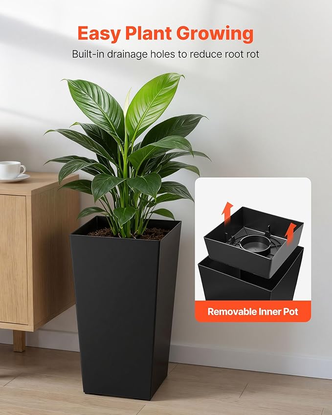 VEVOR Set of 2 Tall Planters for Outdoor Plants 22 inch, Black Tall Planter for Indoor Plants, Modern Planters for Front Porch Patio Balcony, Plant Container Flower Pots with Built-in Drainage VEVOR