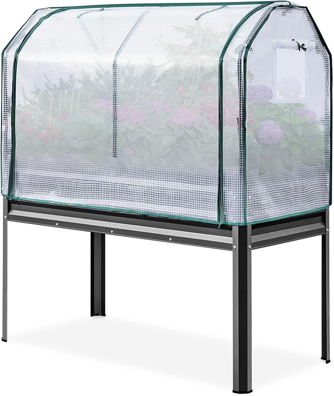 KING BIRD Large Raised Garden Bed with Cover Galvanized Elevated Planter Box with Legs 48×24×56 in for Backyard, Patio, Balcony, 400lb Capacity, Dark Grey KINGBIRD