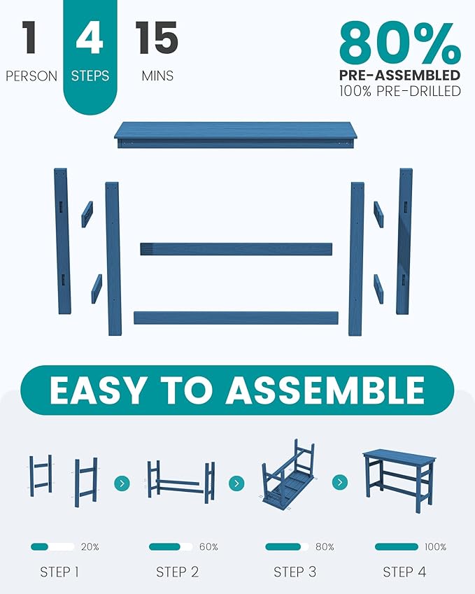 SERWALL 41" Outdoor Bar Table, HDPE Patio Bar Counter Height Table, All Weather Adirondack Outdoor Bar Height Table, Rectangle Patio Bar Table for Outside, Garden, Backyard, Balcony, Poolside, Blue SERWALL