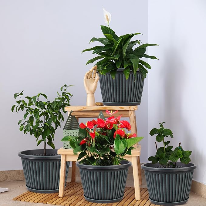 Planter-Pots-for-Plants-Indoor-Outdoor, 4 Pack 10 Inch Plastic Flower Pots with Saucer & Drainage Holes, Modern Garden Planters for Planting Medium Large Plants，Decorative Resin Garden Pots Myfeegoin