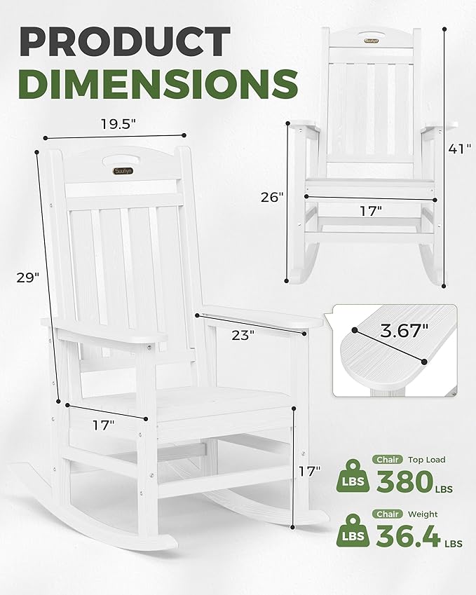 Oversized Rocking Chairs Outdoor Set of 2, High Back Porch Rocker Chair, HDPE All Weather Resistant Rocking Chairs for Patio, 380lbs Weight Capacity, White Suunyn