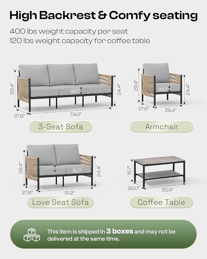 Aluminum Outdoor Patio Furniture Set with Dual-Layer Coffee Table, 4 Piece Modern Patio Conversation Sets with PE Rope, Outdoor Sectional Sofa with Thick Cushions for Balcony, Deck, Gray Oasbira