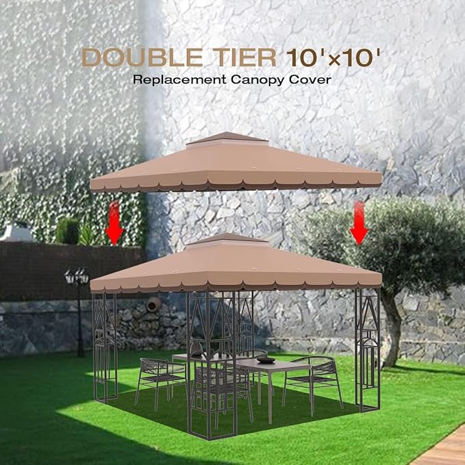 10x10 Canopy Replacement Top Double Tiered Gazebo Cover for Yard, Patio & Garden Durable Sunshade Replacement (Coffee Liqueur+Brown with lace) Rootora