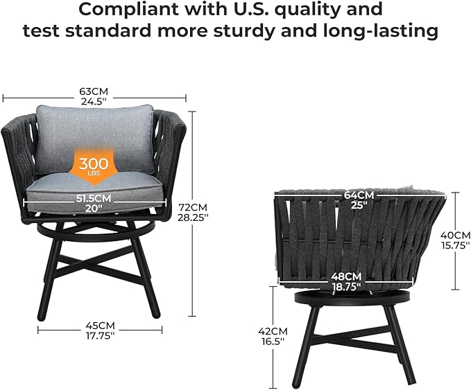 Grand patio 5-Piece Outdoor Dining Set for 4, Patio Dining Furniture Set for 4 Swivel Rope Wicker Chairs & 1 Expandable Rectangular Dining Table, Dark Gray GrandPatio