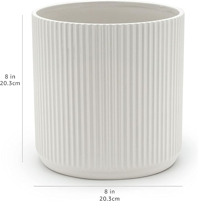Amazon Basics Fluted Ceramic Round Planter, 8-inch, White AmazonBasics