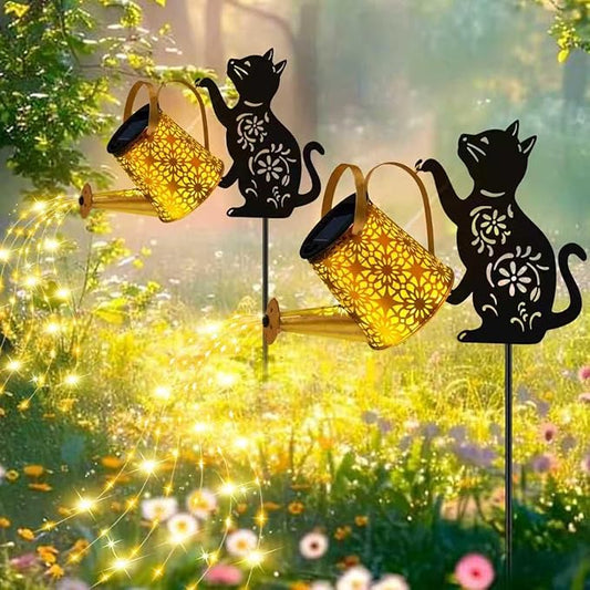 Solar Lights Outdoor Decorative, Watering Can with Cascading Lights, with Cat Silhouette Garden Stakes, Waterproof Metal Garden Decor for Yard Art, Outside, Patio, Lawn 2PACK OSTRITEC